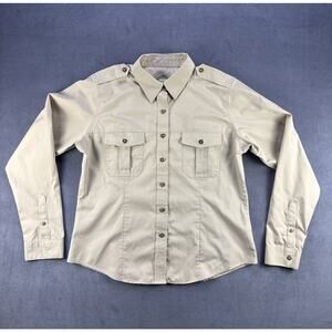 LL Bean Shirt Womens XL Khaki Button Front Epaulet Utility Safari Field VTG